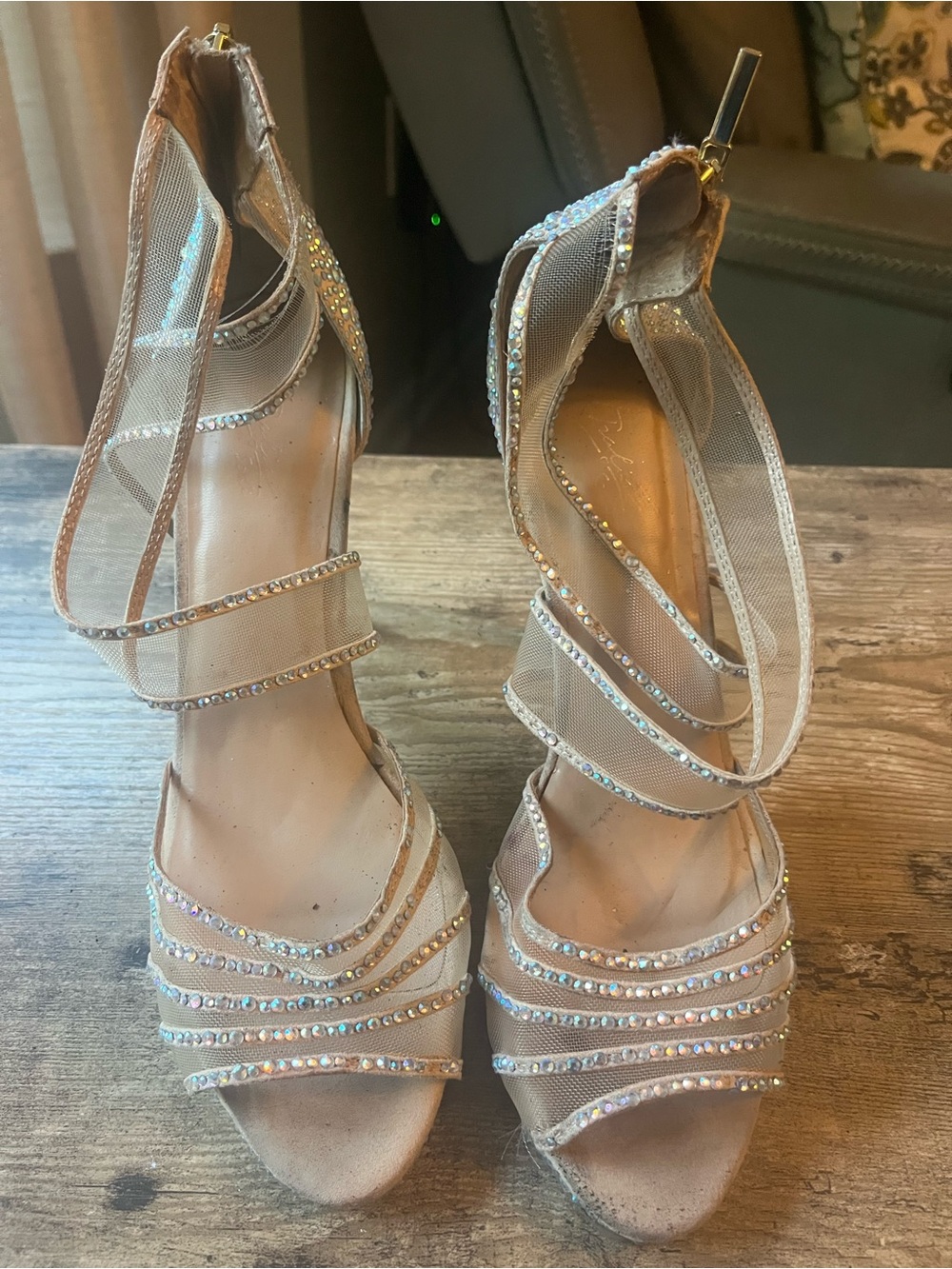 Women’s Nude Mesh Strappy Heels with Rhinestones